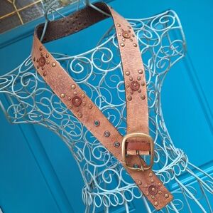 Genuine Leather Studded Belt Western Rustic FrontierCowgirl Tooled Real Leather